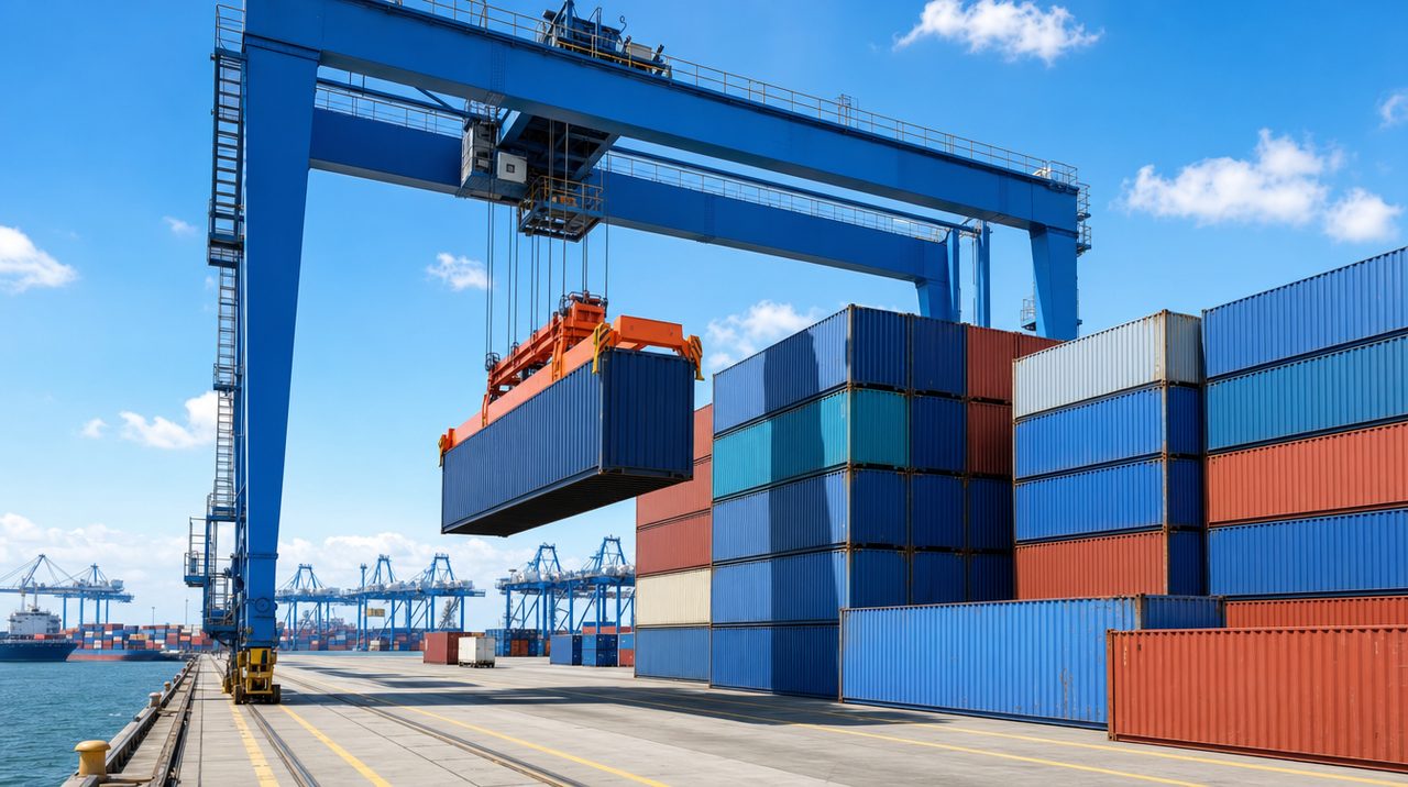 Gantry crane lifting a shipping container at a bright port terminal
