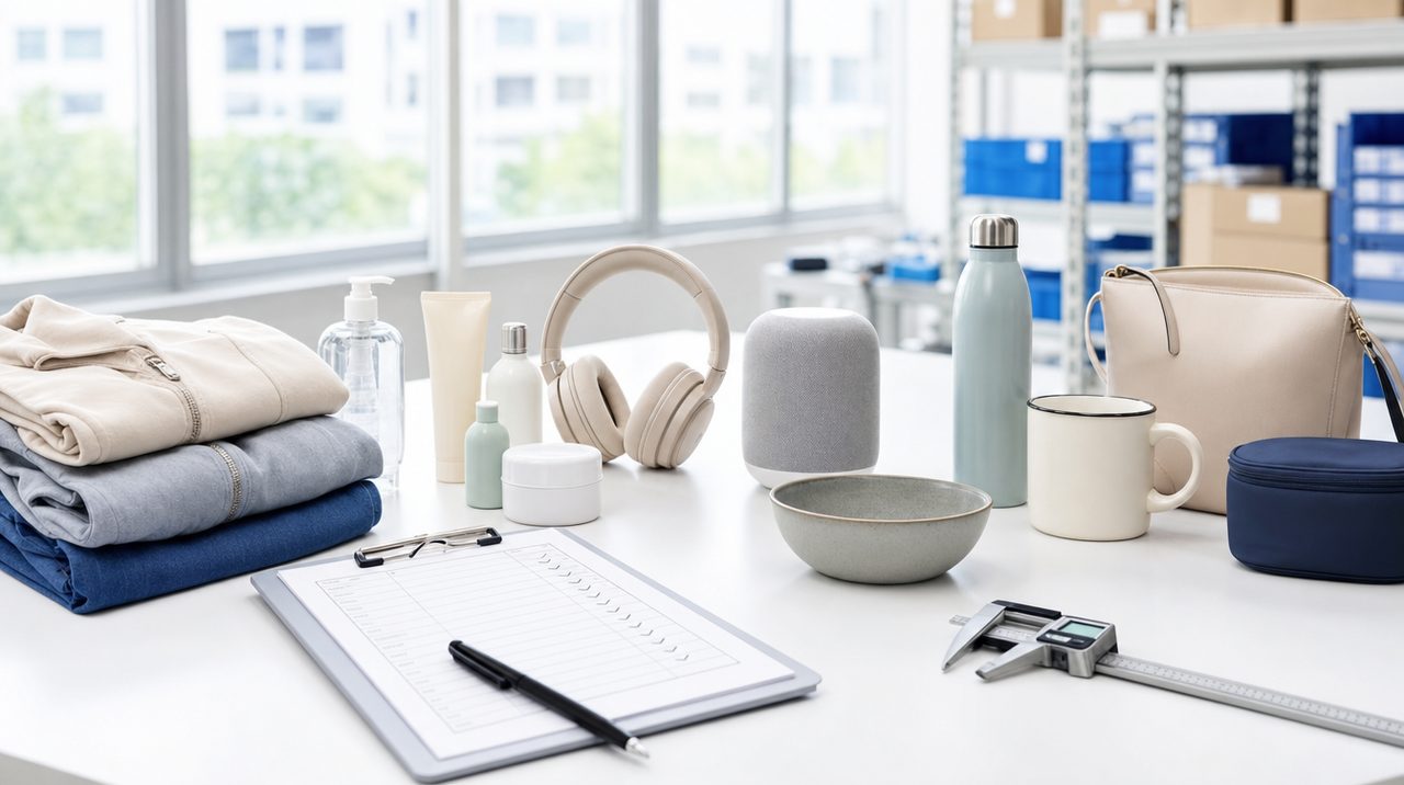 Assorted consumer goods on a bright quality-inspection table with a checklist
