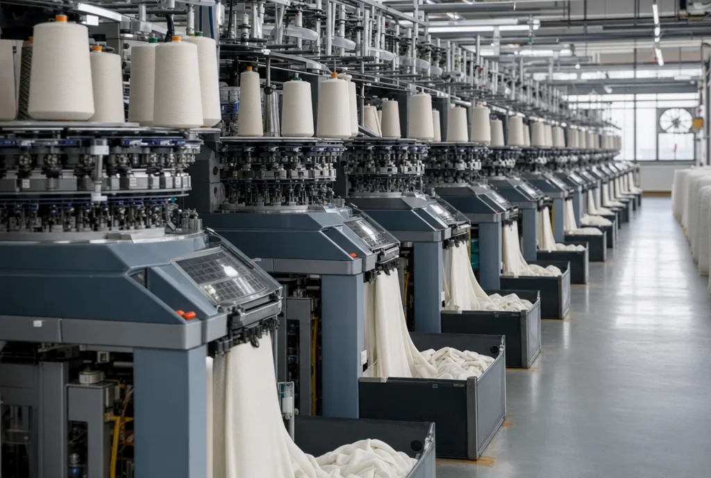 Rows of industrial knitting machines producing fabric in a modern mill