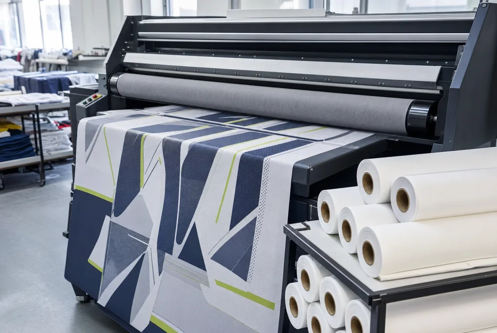 Heat-press sublimation station with printed technical fabric emerging from the roller