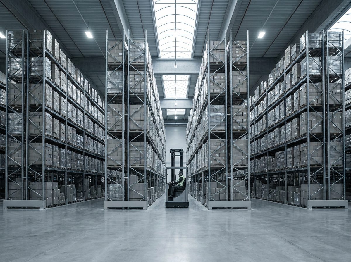Distribution warehouse with palletized goods staged for outbound shipping