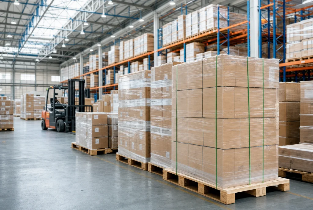 Export warehouse in Guangzhou with stretch-wrapped pallets and high racking